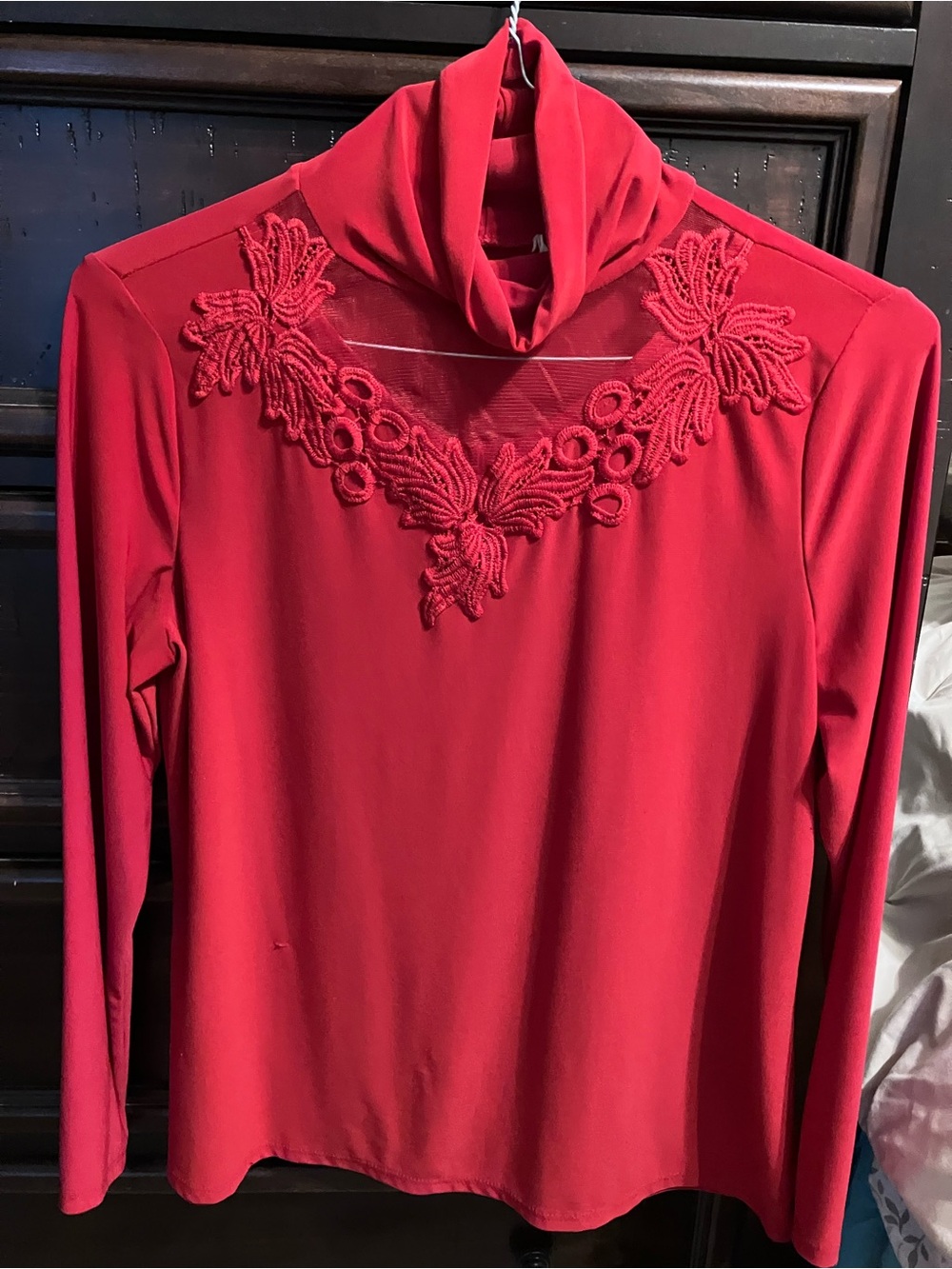 Red Turtleneck Top with Crochet Yoke